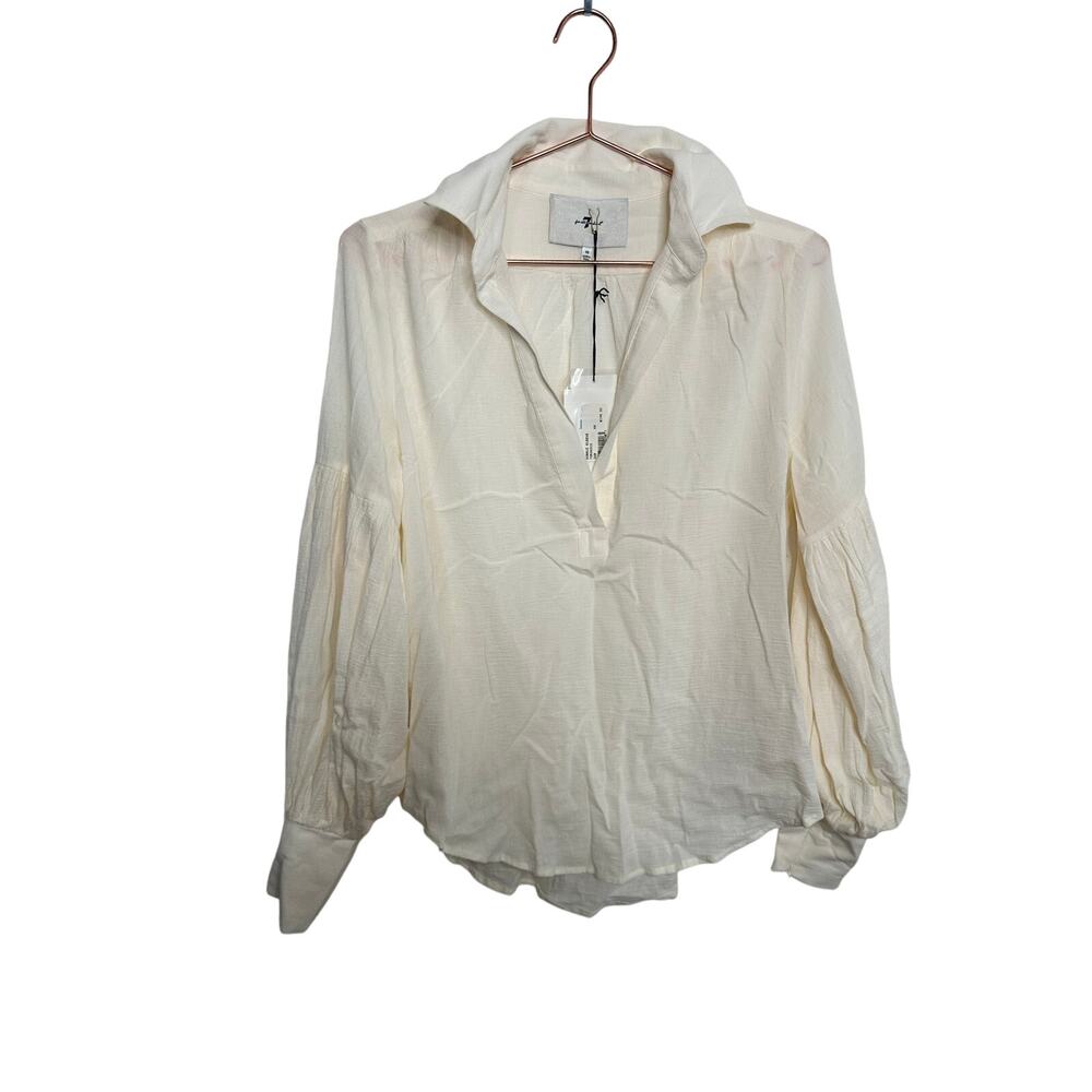 7 FOR ALL MANKIND Cream White Bubble Sleeve Zip Up Detail Blouse size XS NWT - Picture 2 of 11